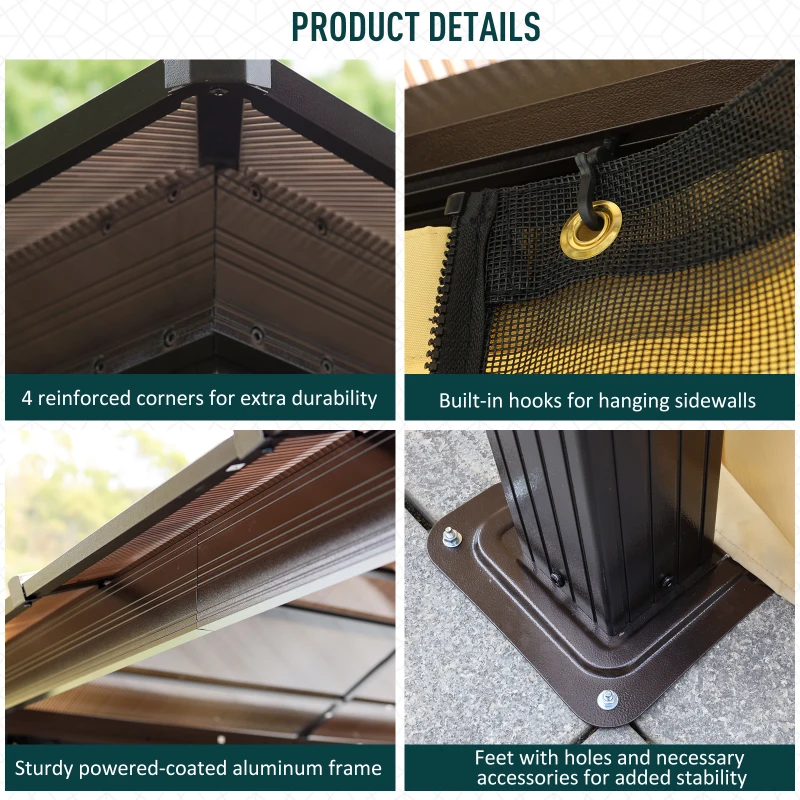 Outsunny 10 x 12ft Garden Outdoor Aluminium Gazebo Hardtop with LED Solar Light Canopy Marquee Party Tent  Shelter with Mesh Curtains & Side Walls