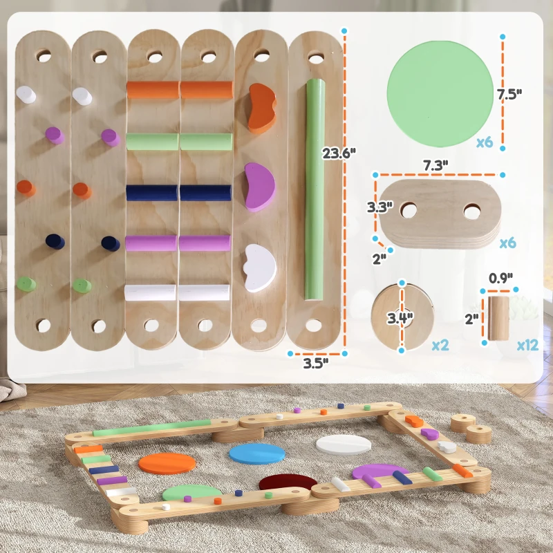 Qaba Kids Balance Beam, Wooden Balance Board with Stepping Stone for 3-8 Years
