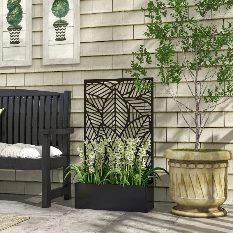Outsunny Metal Outdoor Privacy Screen with Raised Garden Bed, Privacy Panel and Planter Box, Wall-Mounted or Freestanding, Black