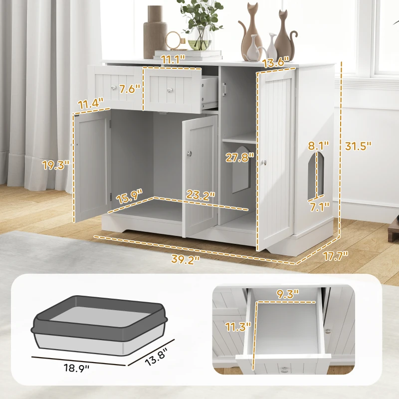 PawHut Cat Litter Box Enclosure with Drawers, Storage, Anti-tip Kit, 39" x 18" x 31.5", White
