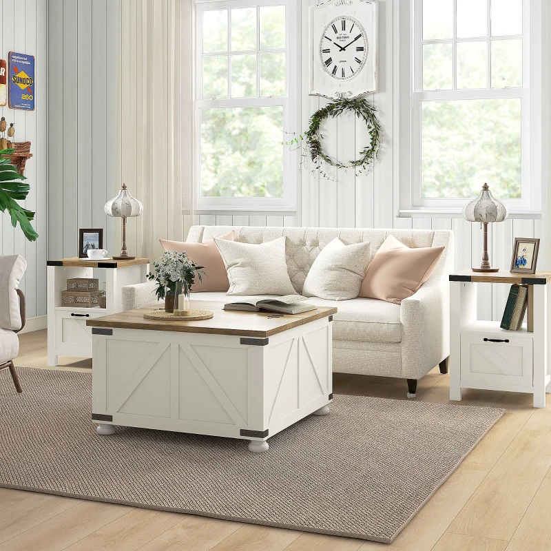 HOMCOM Farmhouse Coffee Table with Storage, Large Square Coffee Table for Living Room Furniture, Wooden Center Table