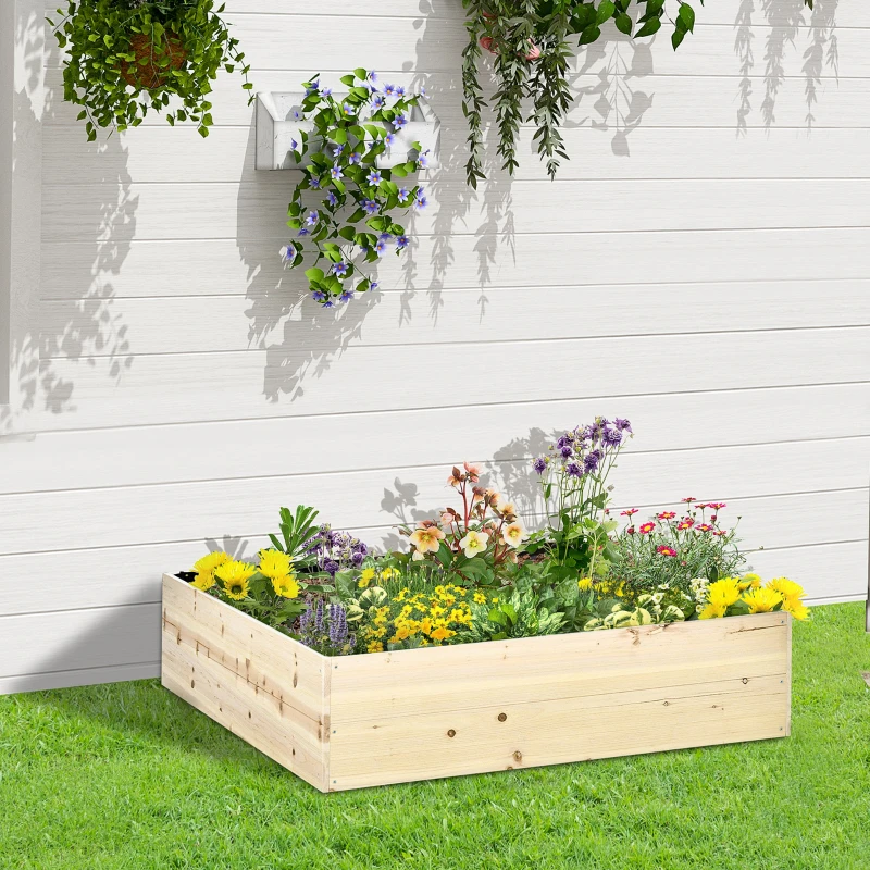 Outsunny Wooden Raised Garden Bed Kit, Elevated Planter Box with Bed Liner for Backyard, Patio to Grow Vegetables, Herbs, and Flowers, 4' x 4' x 12"