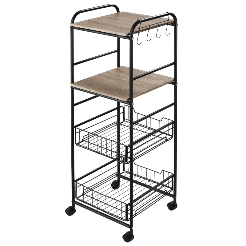HOMCOM Kitchen Cart with Storage, 16"W Slim Rolling Cart, 4 Tier Kitchen Shelves on Wheels with Side Racks, 2 Basket for Fruit Vegetable, Utility Cart for Narrow Space, Laundry, Oak