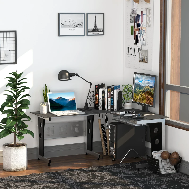 HOMCOM L-Shaped Corner Computer Desk Gaming Table Home Office Workstation Glass Top P2 MDF with Keyboard Tray - Black