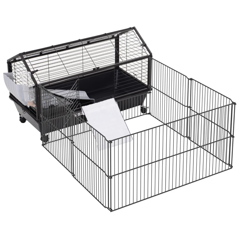 PawHut Metal Small Animal Cage, Rabbit Cage for Guinea Pig Chinchilla Hedgehog Bunny with Removable Wheels and Foldable Detachable Run Fence, 34.6" L x 50.6" W x 22" H
