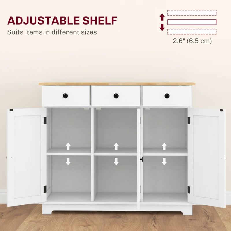 HOMCOM Kitchen Storage Cabinet, Sideboard Floor Cupboard with Solid Wood Top, Adjustable Shelf, and 3 Drawers, White