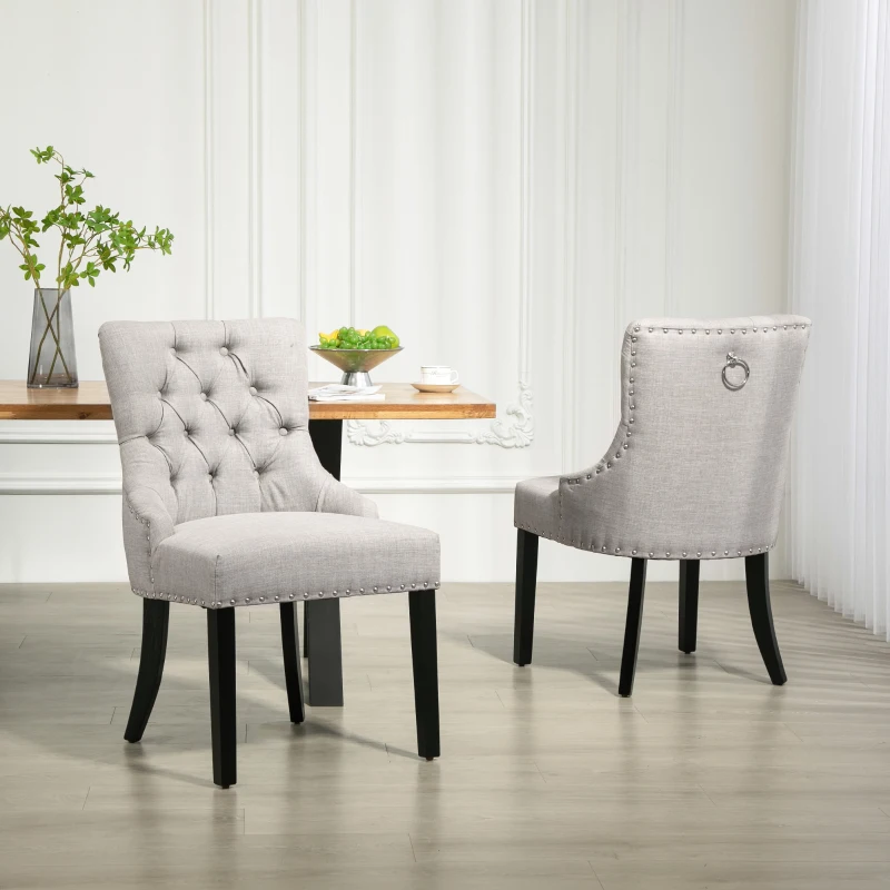 HOMCOM Swoop Air Linen Fabric Dining Chair Set of 2 with Nailhead Trim and Wood Legs,  Light Grey