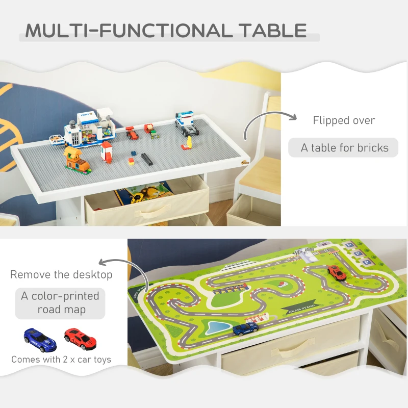 Qaba 3-in-1 Kids Activity Table and Chairs Set with 3 Surfaces for Drawing, Lego Building, Road Map with 2 Cars, Storage Baskets, Toddler Activity Table for Preschool Children