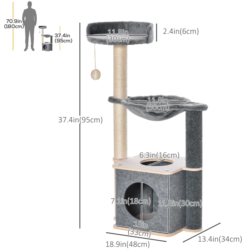 PawHut Cat Tree, Multi-Level Cat Tower with Cat Scratching Post, Perch, Cat Condo, Hammock, Hanging Toy Ball, Grey