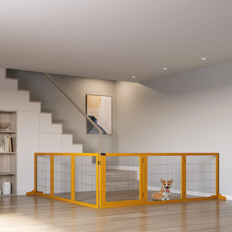 PawHut Wooden Freestanding Pet Gate w/ 2 Support Feet, Yellow