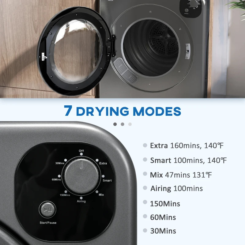 HOMCOM Compact Laundry Dryer Machine, 1300W, 3.22 Cu. Ft. Electric Portable Clothes Dryer with 7 Drying Modes for Apartment or Dorm, Grey