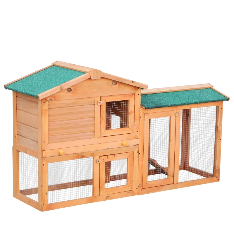 PawHut Two-Level Rabbit Hutch Small Animal House Pet Bunny Cage Home w/ Outdoor Run Water & UV Resistant Roof Access Ramp Natural Finish Guinea Pig Bunny Hamster Habitat