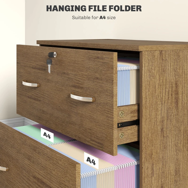 Vinsetto 2 Drawer File Cabinet with Lock, Office Filing Cabinet, Hanging Bar for Letter Size, Home Office, Light Brown