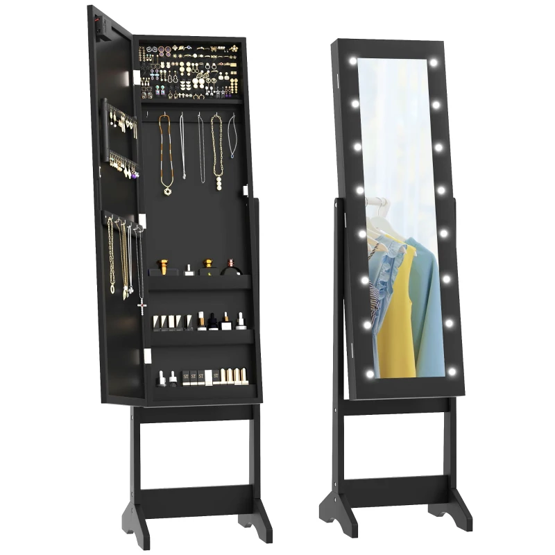 HOMCOM Free Standing Armoire Organizer, Lighted Mirrored Jewelry Cabinet w/ Angle Adjustable & 16 LED Lights Black