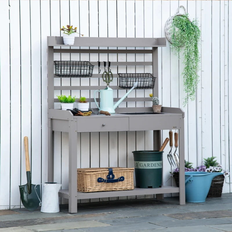 Outsunny Potting Bench Table, Garden Work Bench, Workstation with Metal Sieve Screen, Removable Sink, Additional Hooks and Baskets for Patio, Courtyards, Balcony, Gray