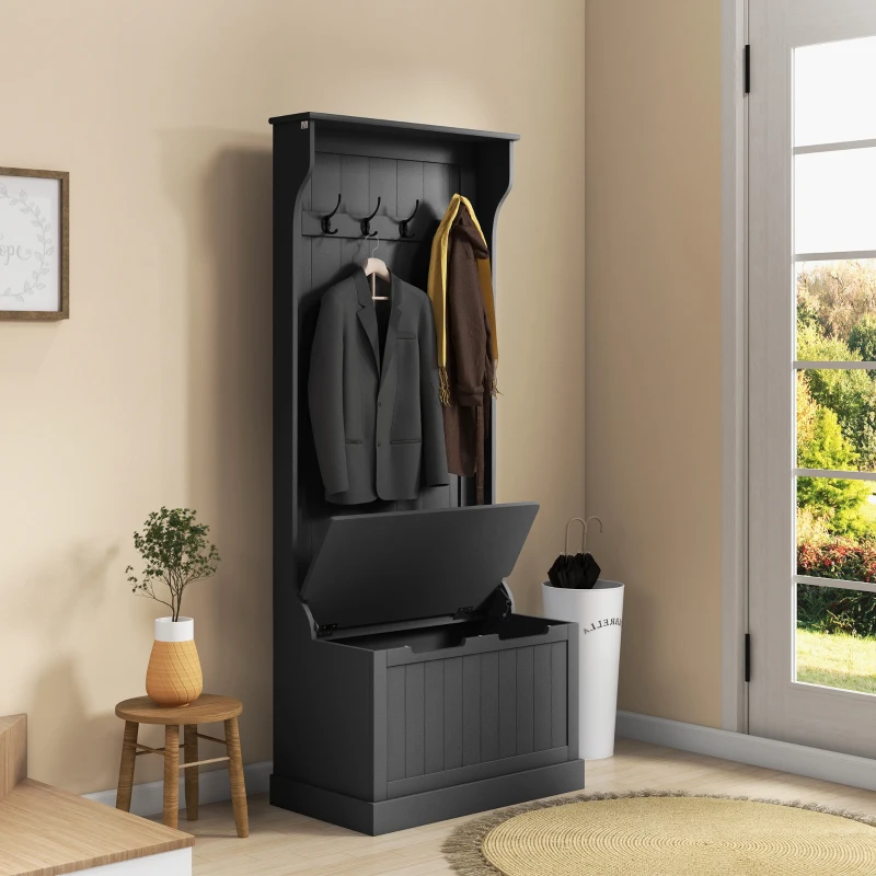 HOMCOM Entryway Hall Tree with Coat Rack and Sitting Bench, Mudroom Bench with Storage and Hooks, Black