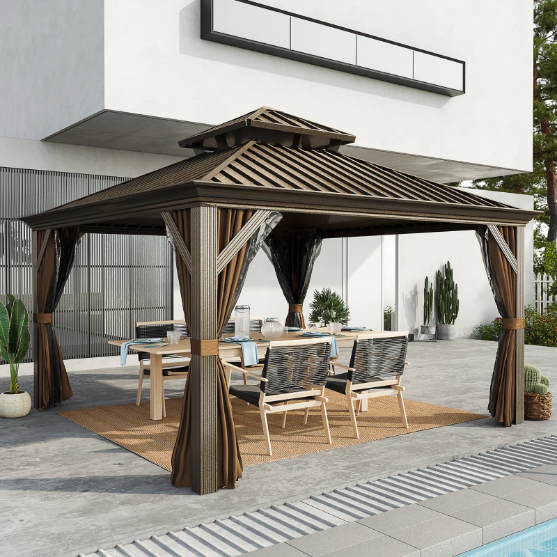 Outsunny 12' x 12' Hardtop Gazebo with Curtains and Netting, Permanent Pavilion Metal Double Roof Gazebo Canopy with Aluminum Frame and Hooks, for Garden, Patio, Backyard, Brown