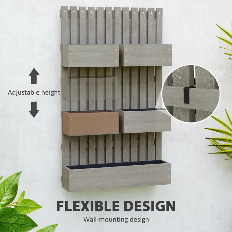 Outsunny 5 Box Raised Garden Bed w/ Trellis for Climbing Plants, Wall-Mounted Wood Planters w/ Drainage Holes, Gray