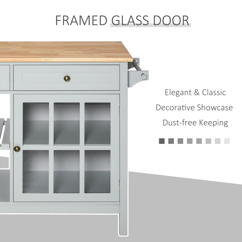 HOMCOM Rolling Kitchen Island with Storage, Kitchen Cart with Solid Wood Top, Glass Door Cabinet, Adjustable Shelf, Towel Rack, 2 Drawers for Dining Room, Gray
