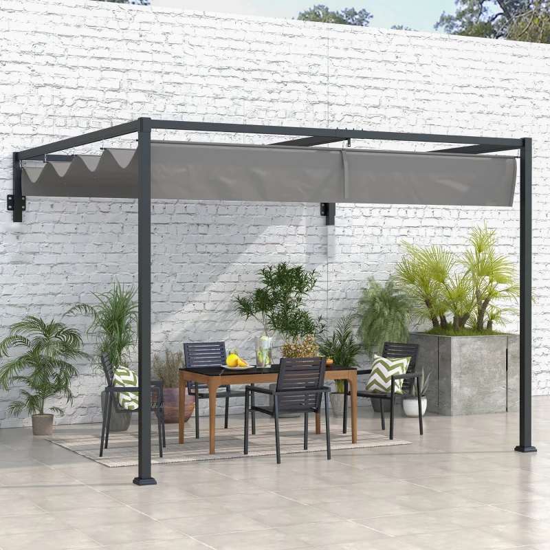 Outsunny 10' x 10' Lean To Pergola, Metal Pergola with Retractable Roof for Grill, Garden, Patio, Deck