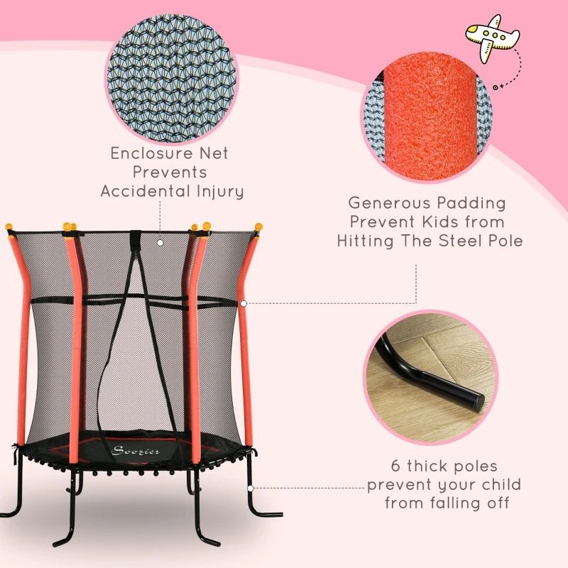 Soozier 63" Kids Trampoline Indoor with Enclosure Net Elastic Thick Padded Pole Gift for Ages 3-10 Years Old Red