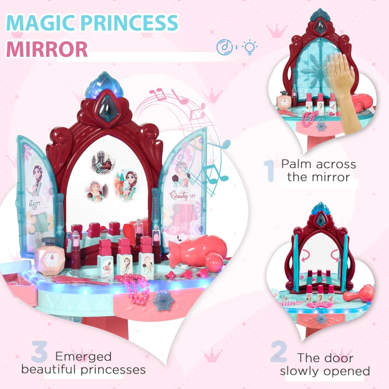 Qaba Kids Vanity Set with Self-Opening Magic Mirror, Princess Makeup Vanity Table Set with Music, Tabletop with Lights, Imaginative Toy for 3-6 Years Old Child