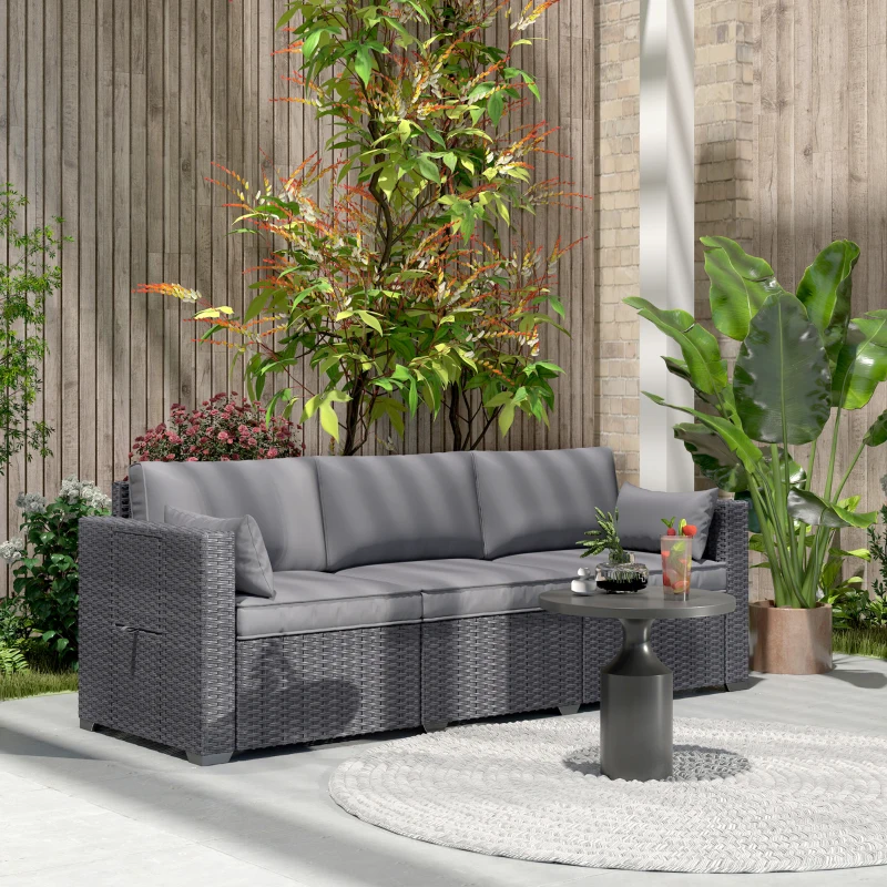 Outsunny 3 Seater Wicker Patio Sofa with Side Trays, Outdoor Couch with 6" Thick Back Cushions, Deep Seating, Grey