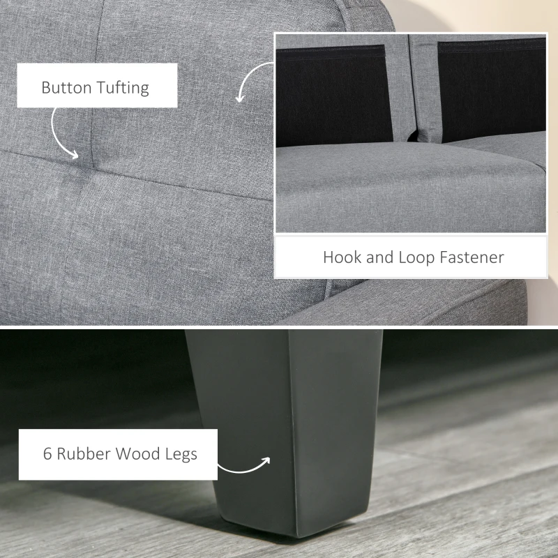 HOMCOM 3-Seater Sofa, Mid-Century Linen Couch with Upholstered Seat, Button-Tufted Back Cushion and Rubber Wood Legs for Living Room, Bedroom, Gray