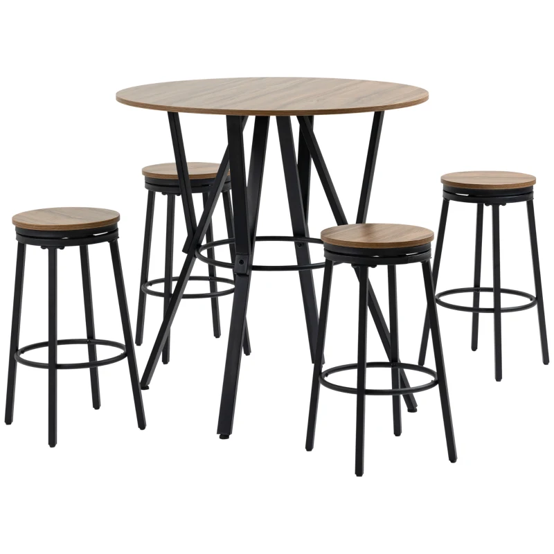 HOMCOM Industrial Bar Table and Chairs Set of 5, Round Dining Table & 4 Stools with Swivel Seat for Pub, Kitchen, Light Brown
