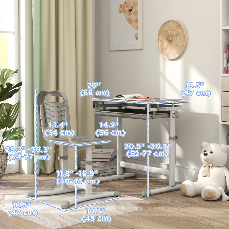 Qaba Height Adjustable Study Table and Chair Set with Drawer, Pen Slot, Tiltable Desktop, Hook, Grey