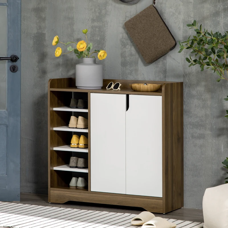 HOMCOM Shoe Storage with Double Doors and Open Shelves 13 Pair Shoe Storage Organizer for Entryway Hallway Brown and White