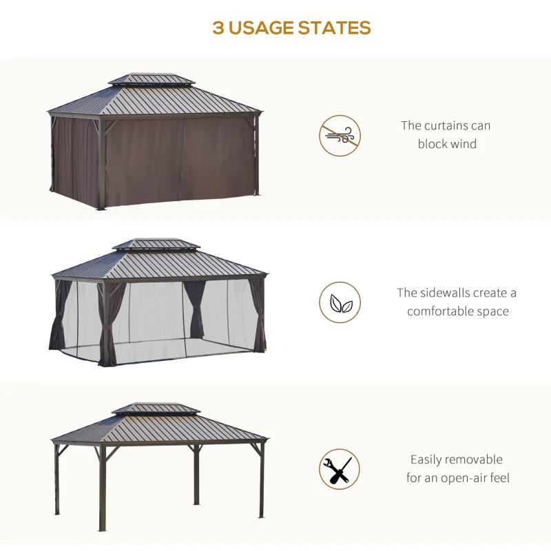 Outsunny 12' x 16' Hardtop Gazebo with Curtains and Netting, Permanent Pavilion Metal Double Roof Gazebo Canopy with Aluminum Frame and Hooks, for Garden, Patio, Backyard, Brown