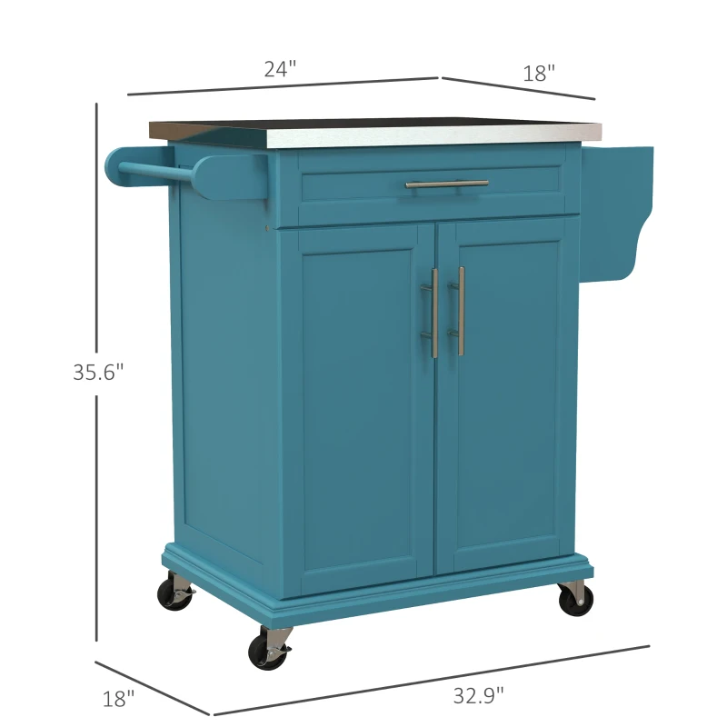 HOMCOM Kitchen Island with Wheels, Rolling Kitchen Island with Storage, Stainless Steel Countertop for Dining Room, Blue
