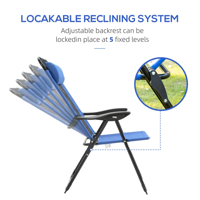 Outsunny Folding Patio Dining Chairs Set of 2, Outdoor Deck Chair with Removable Headrest, Camping Chair with Adjustable Sling Back for Garden, Backyard, Lawn, Blue