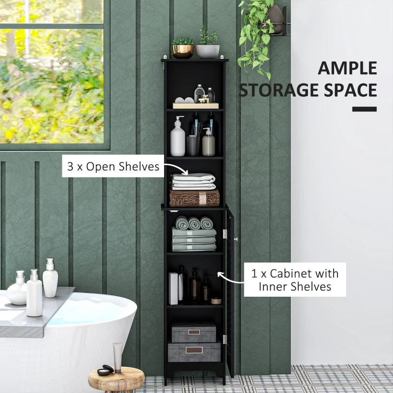 HOMCOM Tall Bathroom Storage Cabinet, Freestanding Linen Tower with 3-Tier Open Adjustable Shelf, Black