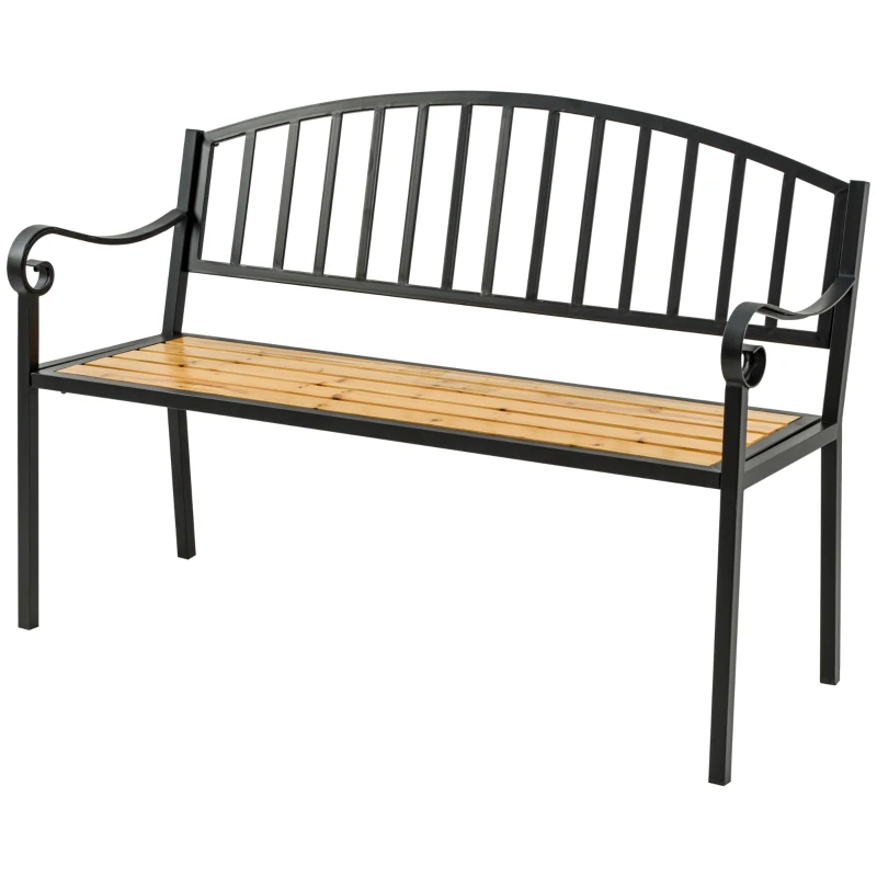 Outsunny 50" Garden Bench, Patio Loveseat with Antique Backrest, Wood Seat and Steel Frame for Backyard or Porch