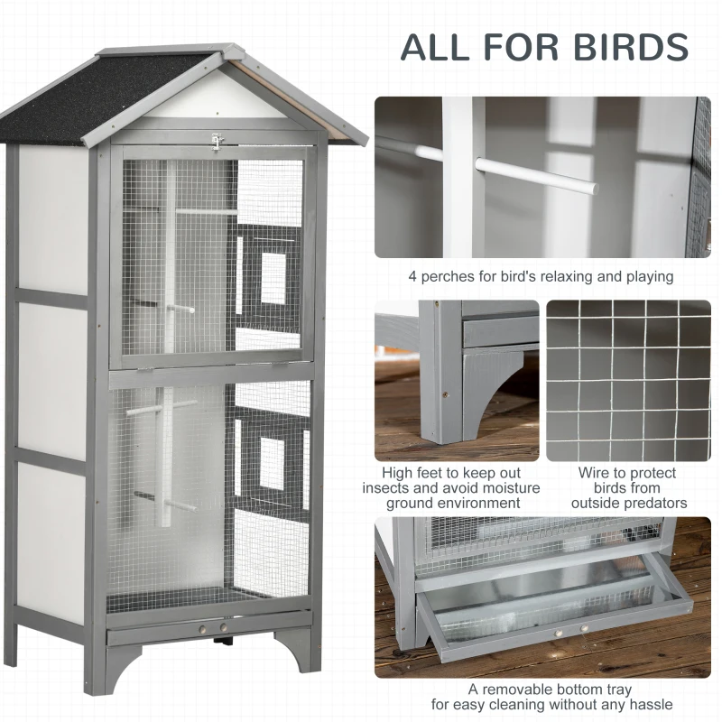 PawHut 60" Wooden Outdoor Bird Cage for Finches, Parakeet, Large Bird Cage with Removable Bottom Tray 4 Perch, Light Gray