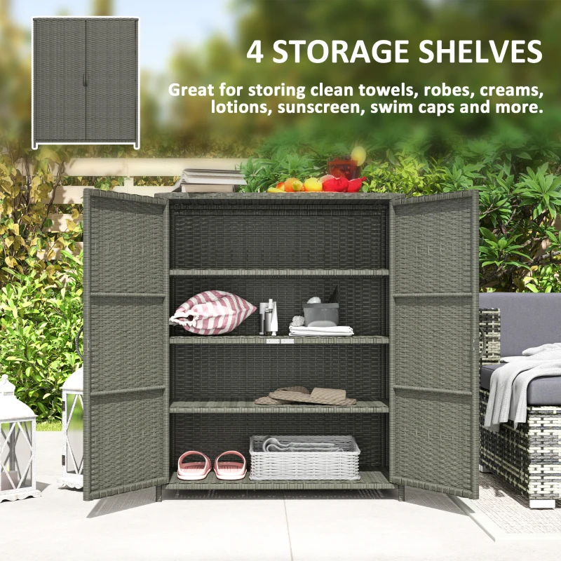 Outsunny Rattan Wicker Outdoor Storage Cabinet with 4 Shelves and 2 Doors for Garden Pool Towel Storage, Dark Gray