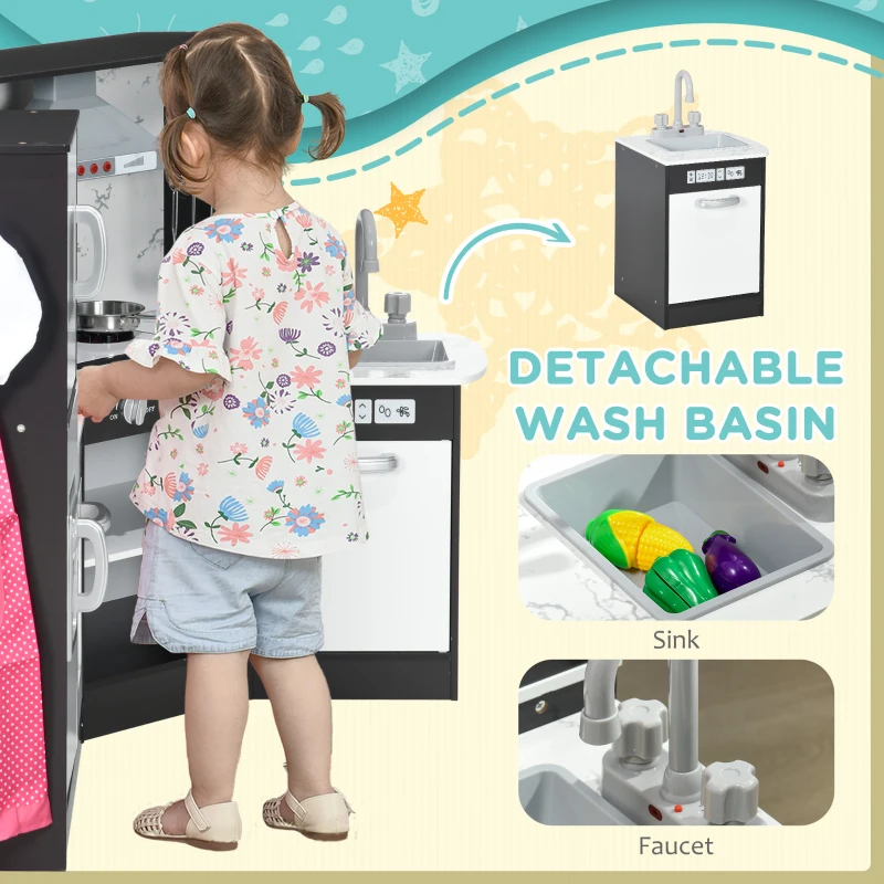 Qaba Play Kitchen Set for Kids w/ Apron and Chef Hat, Ice Maker Brown