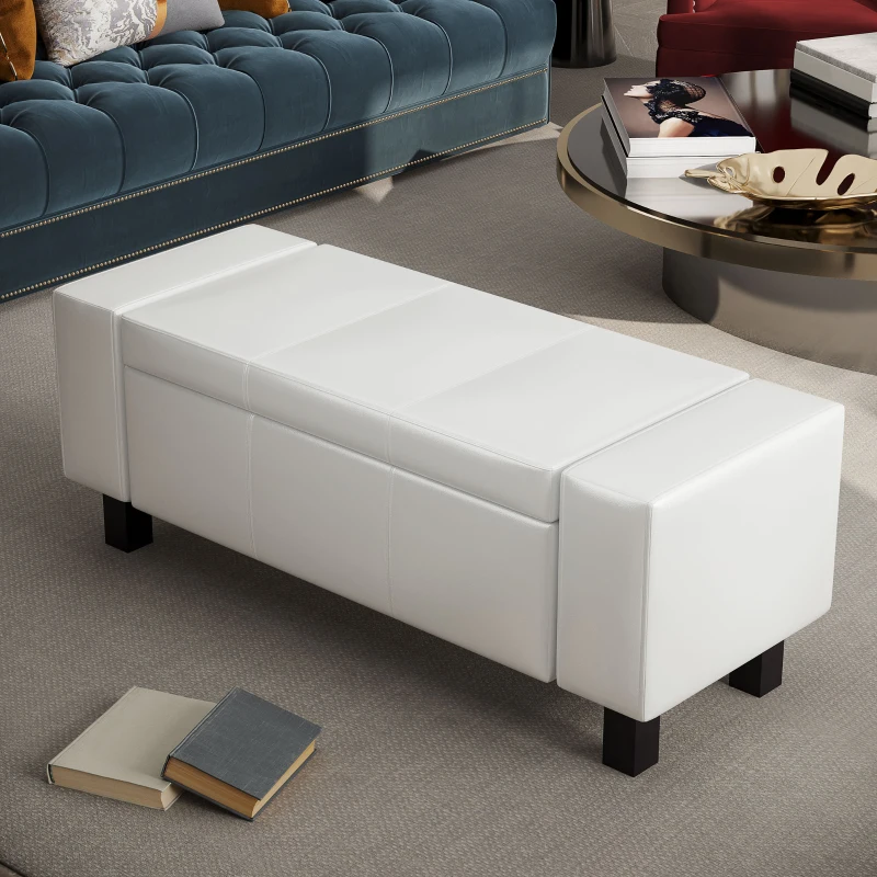 HOMCOM Large 42" Storage Ottoman, Tufted Faux Leather Storage Bench for Living Room, Entryway, or Bedroom, Cream White