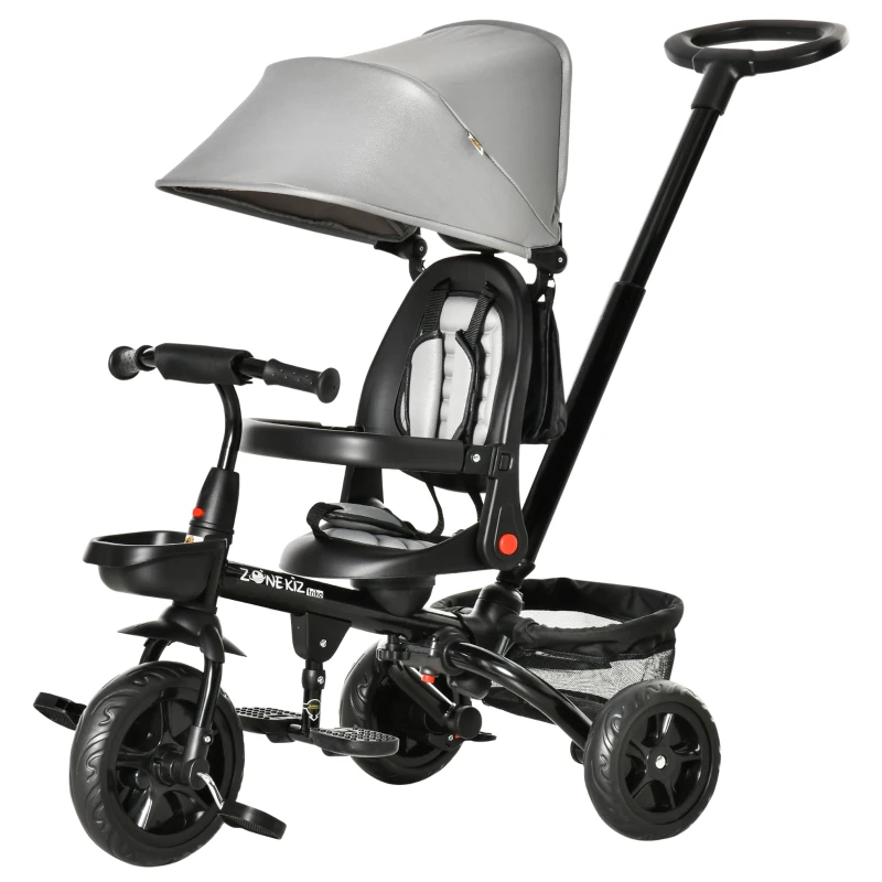 Qaba Kids Tricycle, 4 in 1 Foldable Trike with Reversible Seat, Adjustable Parent Handle, Safety Harness, Wheel Brakes, Removable Canopy, Storage, Tricycle for Toddlers 1-5 Years, Gray