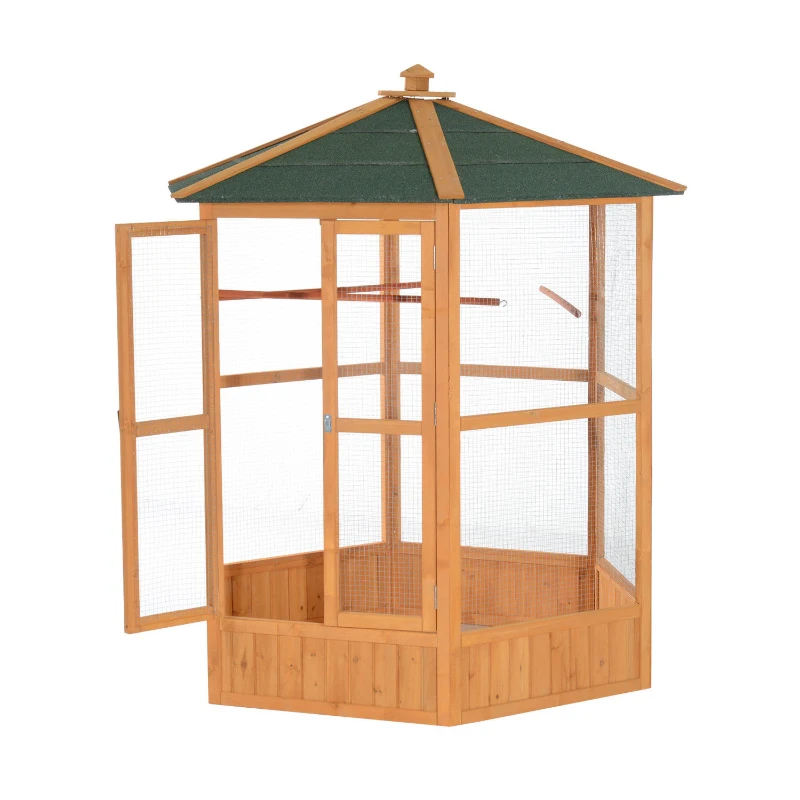 PawHut 69" Wooden Hexagonal Outdoor Aviary Flight Bird Cage With Covered Roof, Brown(m-4)