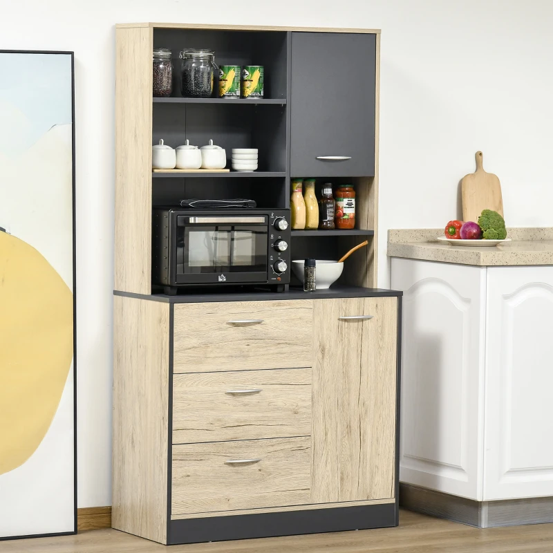 HOMCOM 67" Freestanding Buffet with Hutch, Kitchen Pantry Storage Cabinet with 3 Drawers, Cable Management, 4 Cubes, 2 Cabinets, Oak