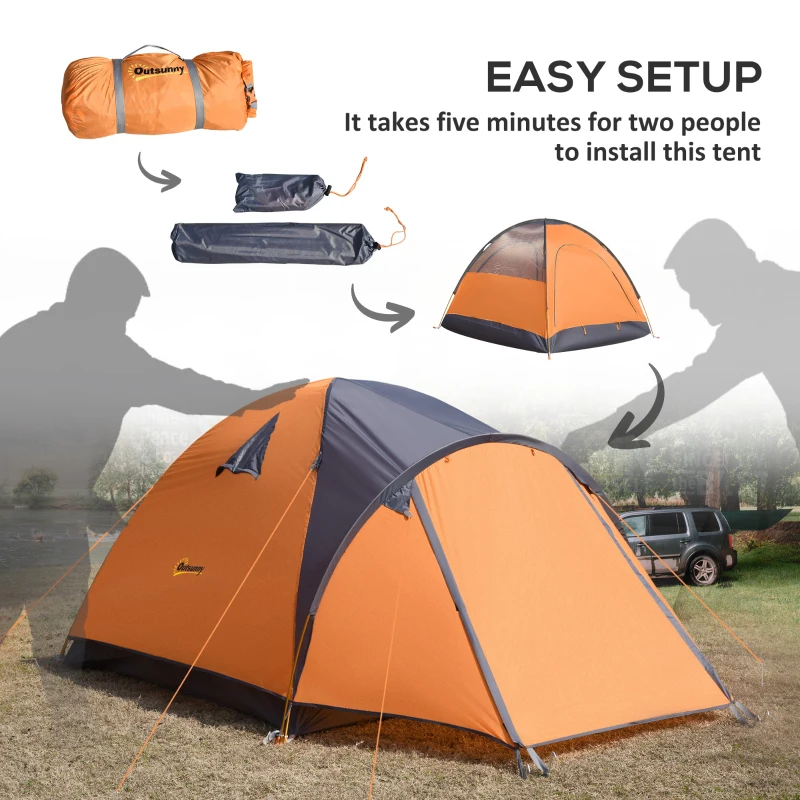 Outsunny Camping Tent with Porch for 4 People, Compact Portable Travel Camping Gear with 3 Doors, Outdoor Dome Tent for Backpacking Hiking or Beach with Windows, Carrying Bag, Orange