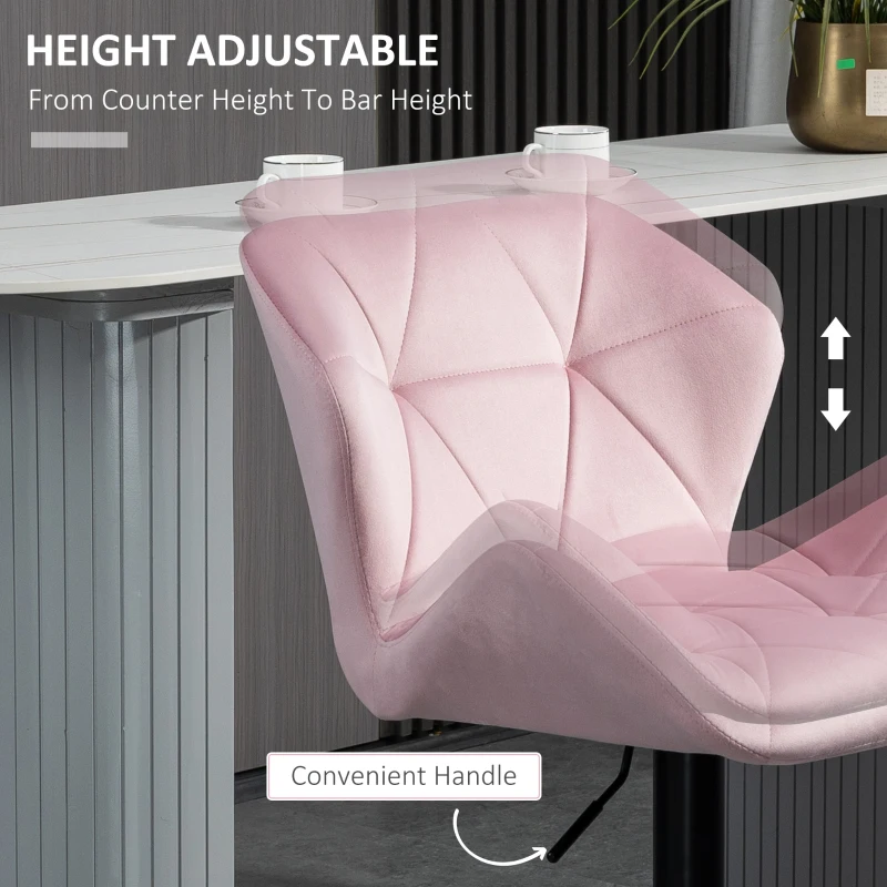 HOMCOM Velvet-Touch Bar Stool Set of 2 Fabric Adjustable Height Armless Counter Chairs with Swivel Seat, Pink