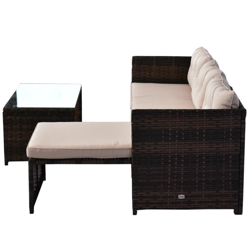 Outsunny 3pcs Outdoor Rattan Wicker Sofa and Chaise Lounge Set with Cushion Garden Patio Furniture Brown and Beige