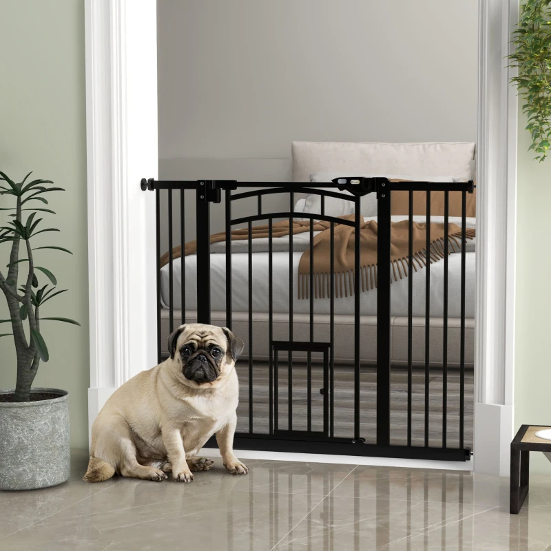 PawHut Auto-Close Pet Gate, Stair Gate with Cat Door, Double Locking for Doorways Hallways Stairs, Fits 29"-39.4" Wide, Black