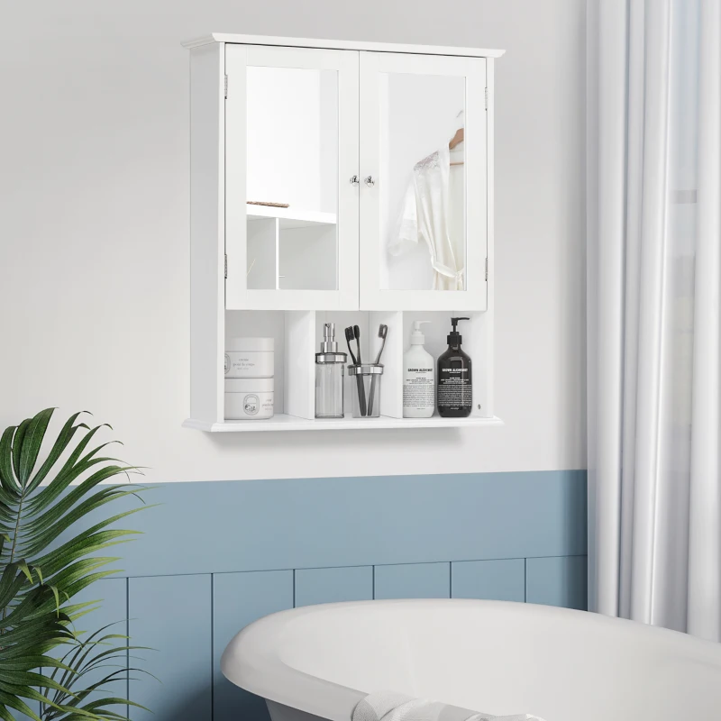 kleankin Wall-Mounted Medicine Cabinet, Bathroom Mirror Cabinet with Double Doors and Storage Shelves, White