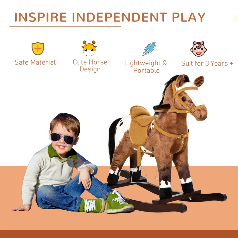 Qaba Children Kids Rocking Plush Horse Toy Pony Wooden Ride Rocker Sound, Brown