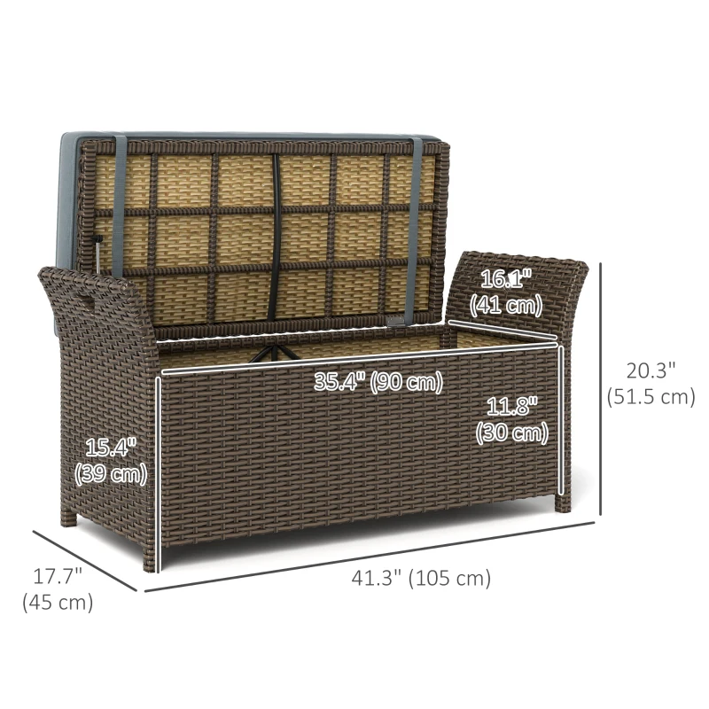 Outsunny 2-In-1 Outdoor PE Rattan Storage Bench, 29 Gallon Patio Wicker Furniture, Basket Box with Handles and Cushion Dark Grey